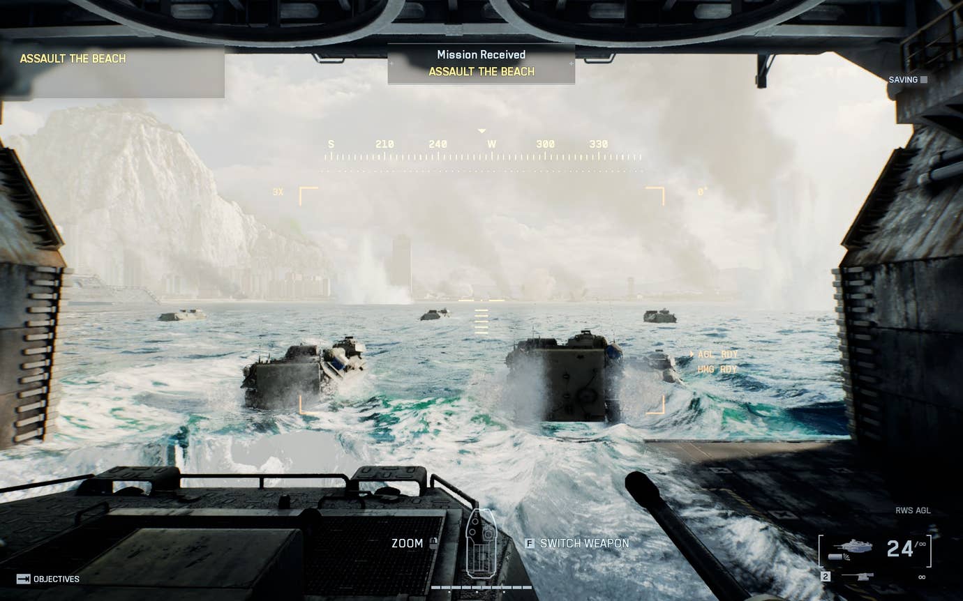 A view of amphibious craft leaving a ship's hangar during an attack on Gibraltar in Battlefield 6.